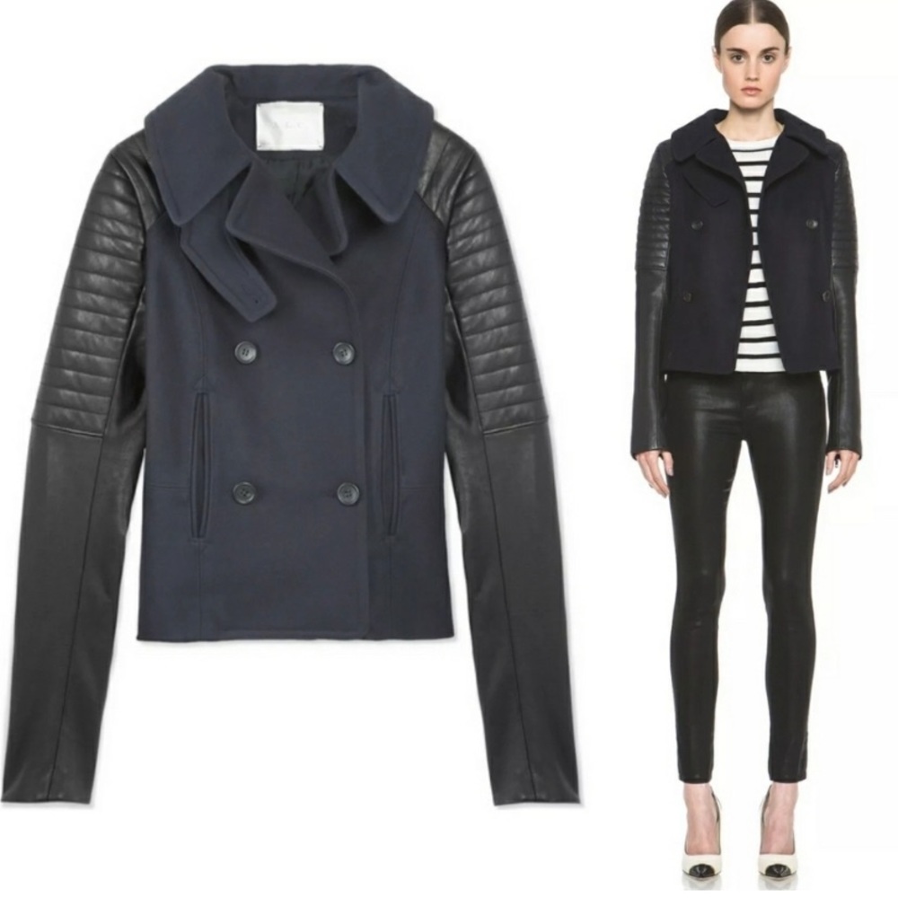 A.L.C. Pescod Wool Double Breasted Pea Coat Jacket Leather Sleeves